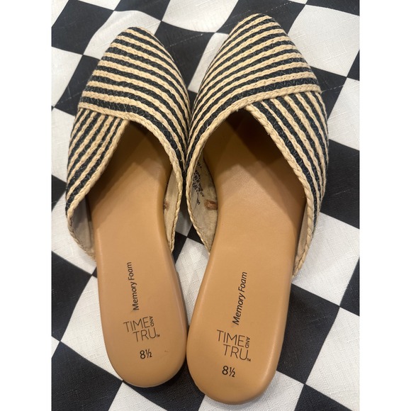 Time and Tru Shoes - Time and Tru Womens Striped Straw Pointed Toe Mule Flats Black Beige  8.5 boho